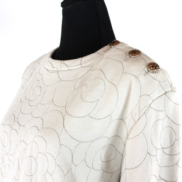 CHANEL Camelia Floral Stitched Beige Cotton Crewneck Sweater 38 Logo CC Button - Picture 3 of 7
